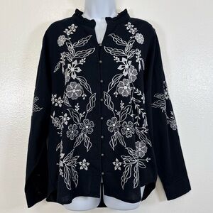 NWT Calypso St. Barth Black Linen Embroidered Button Front Blouse Size L
